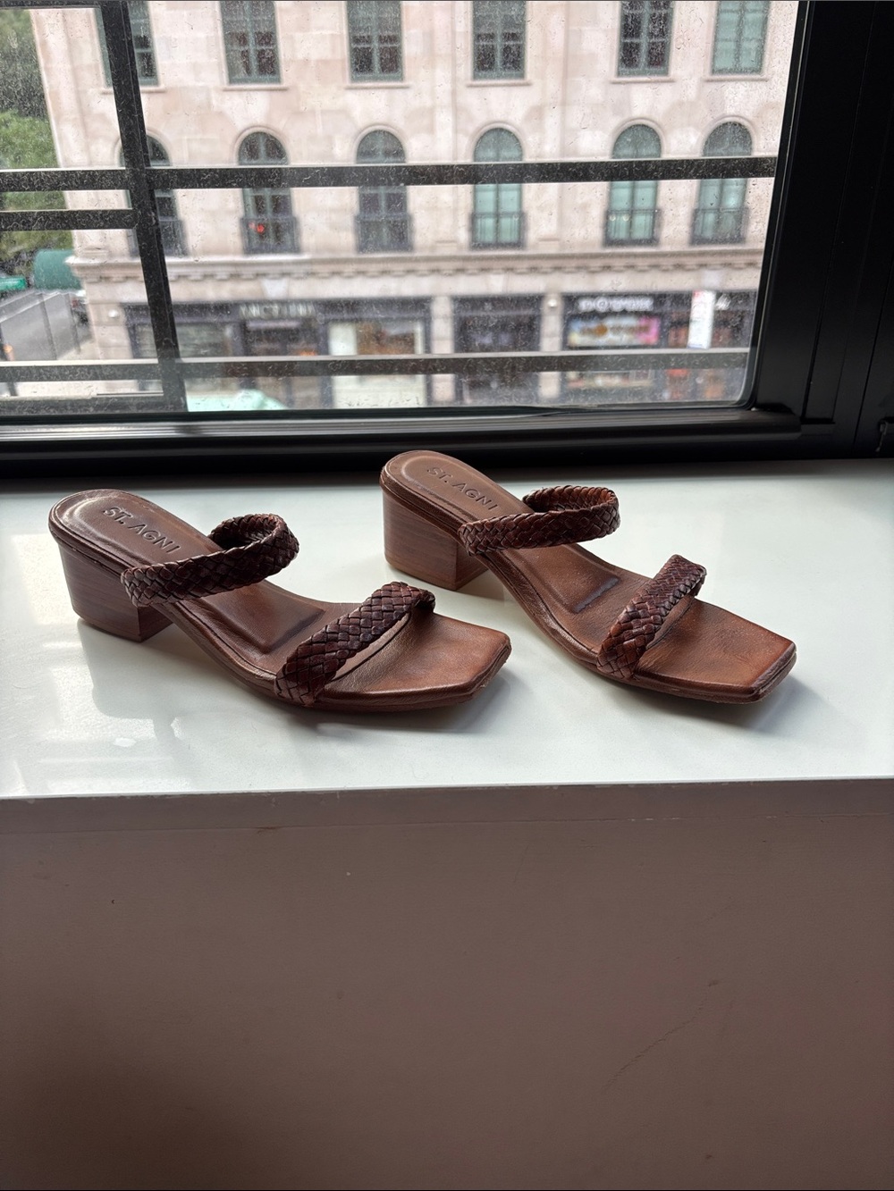St. Agni Brown Braided Two-Strap Block Heel Sandals